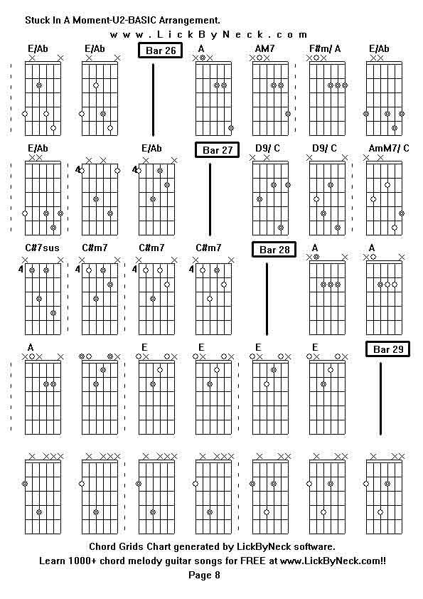 Chord Grids Chart of chord melody fingerstyle guitar song-Stuck In A Moment-U2-BASIC Arrangement,generated by LickByNeck software.